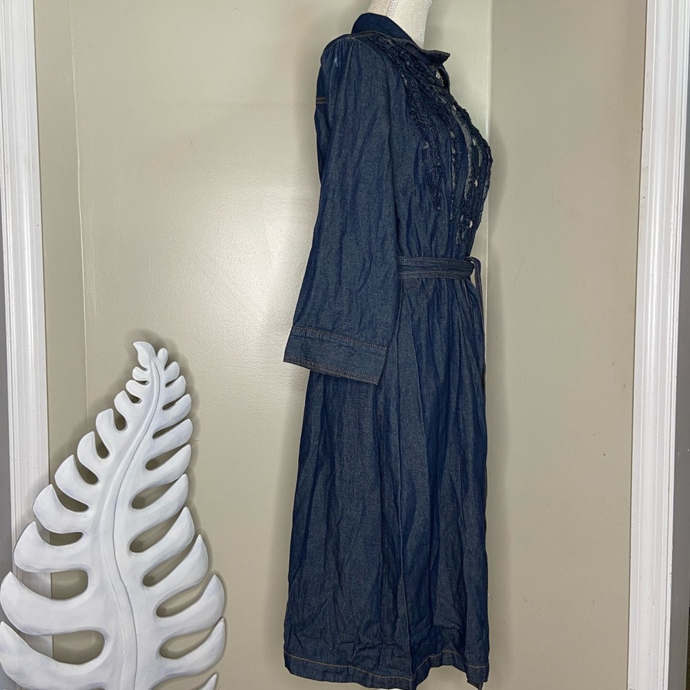Indigo Blue Tuxedo Snap Front Denim Jean Belted Dress Size 16 - Picture 3 of 5